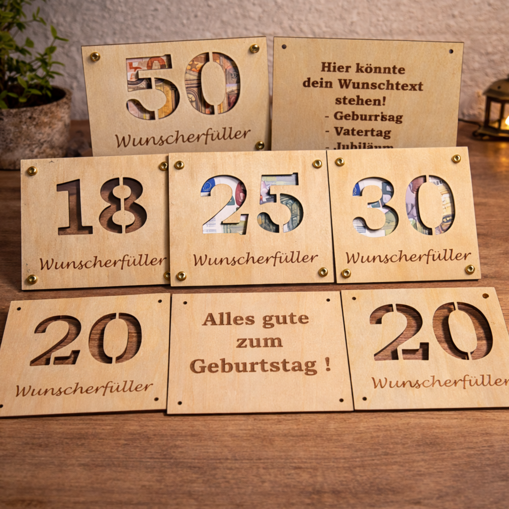 Geldgeschenk aus Holz personalisiert mit Jahreszahl – Wunscherfüller Geschenk für Geburtstag & Jubiläum