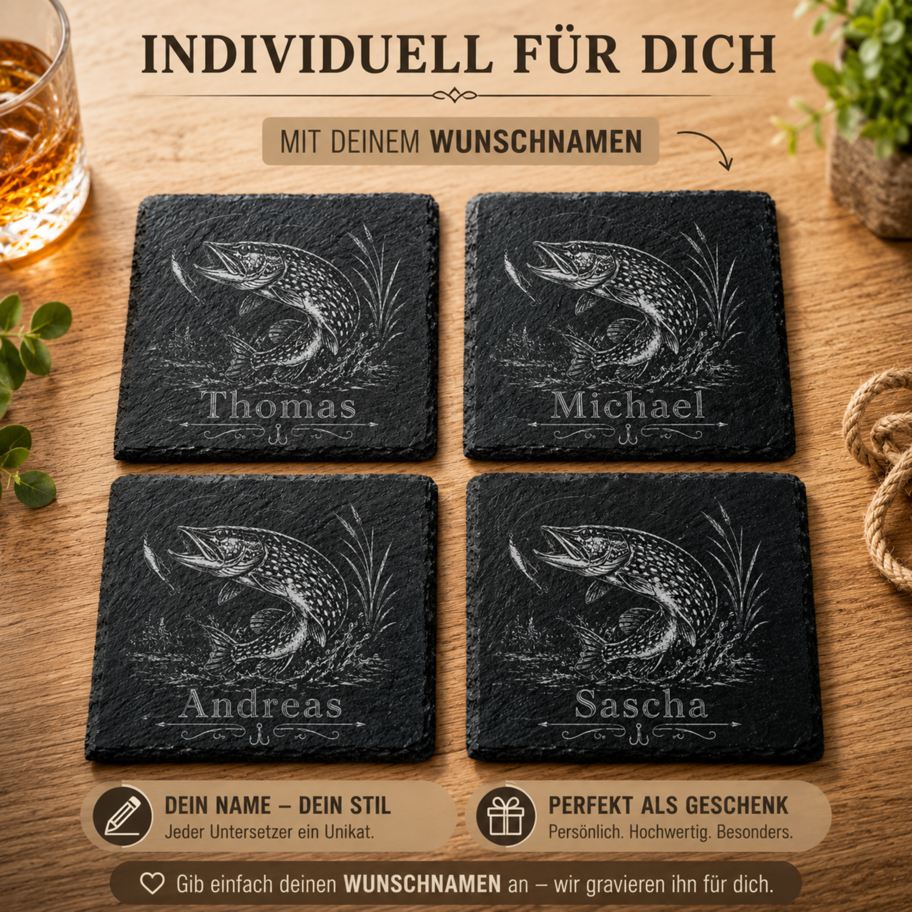 Geschenk für Angler mit personalisiertem Hecht Schieferuntersetzer und individueller Namensgravur