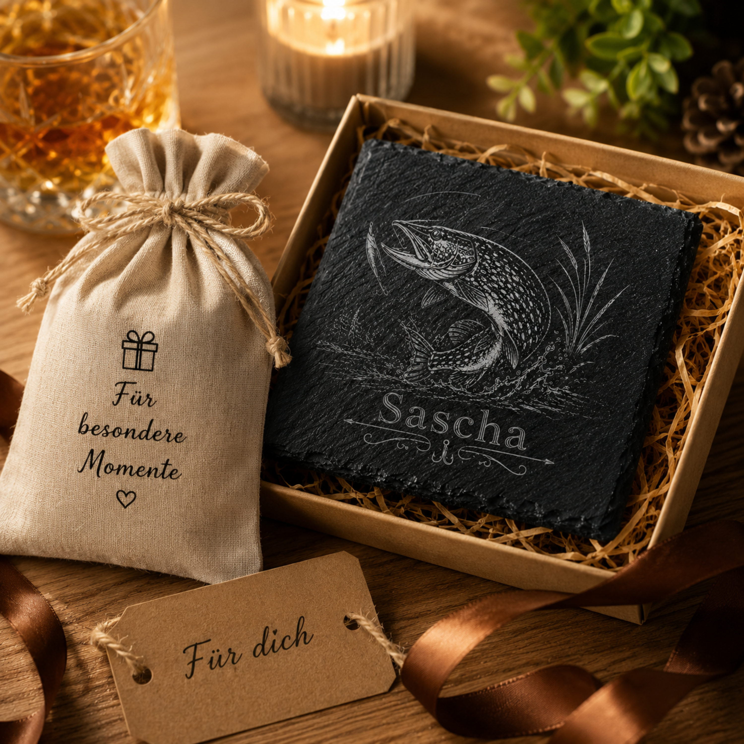Geschenk für Angler mit personalisiertem Hecht Schieferuntersetzer und individueller Namensgravur