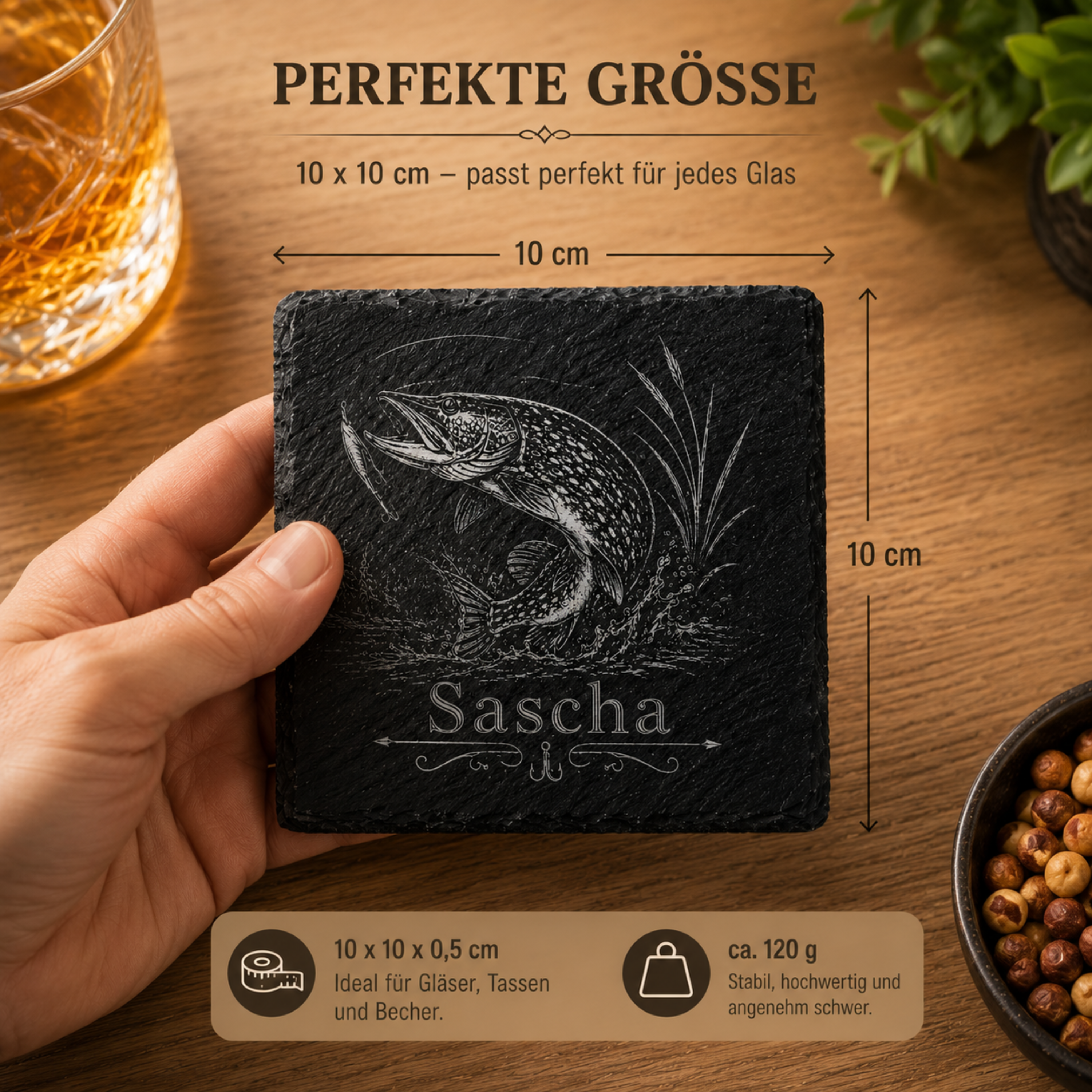 Geschenk für Angler mit personalisiertem Hecht Schieferuntersetzer und individueller Namensgravur