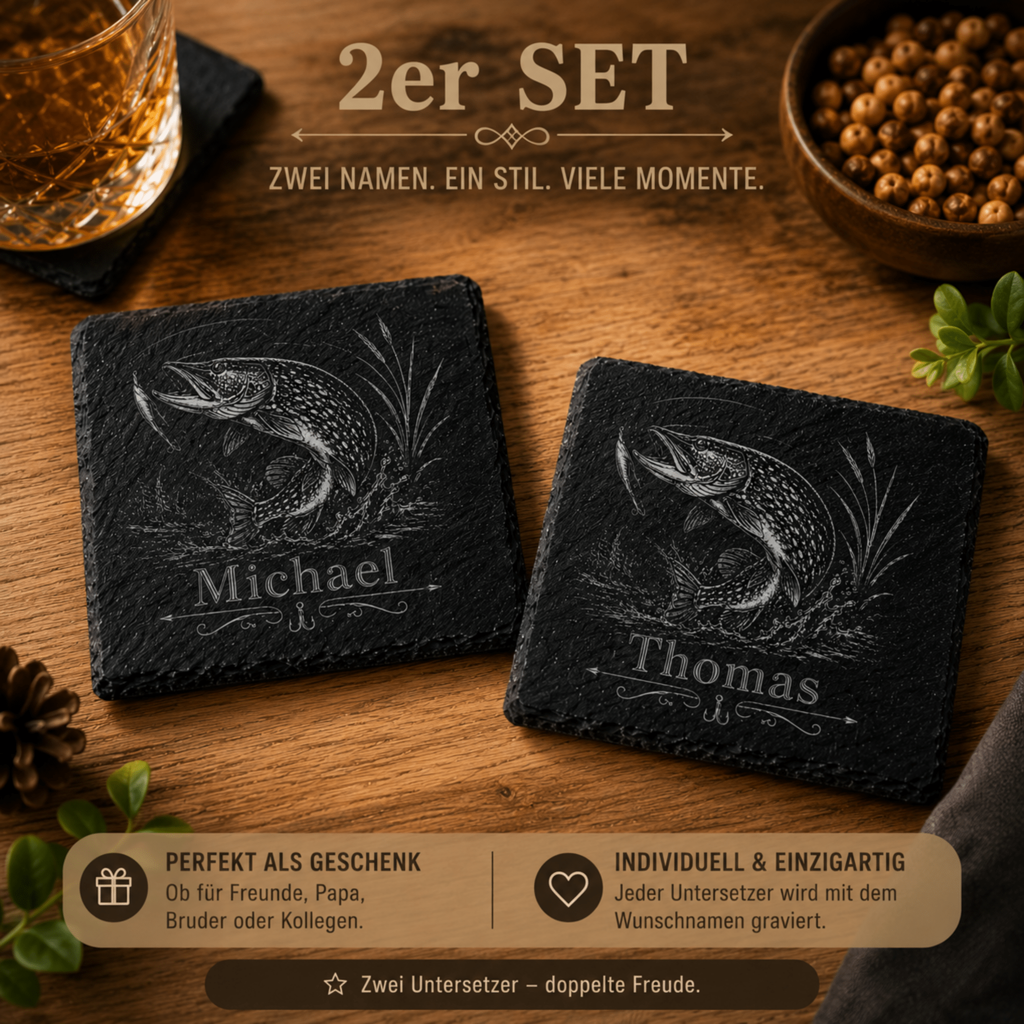 Personalisierter Hecht Schieferuntersetzer mit Name – Geschenk für Angler - Gravurliebe