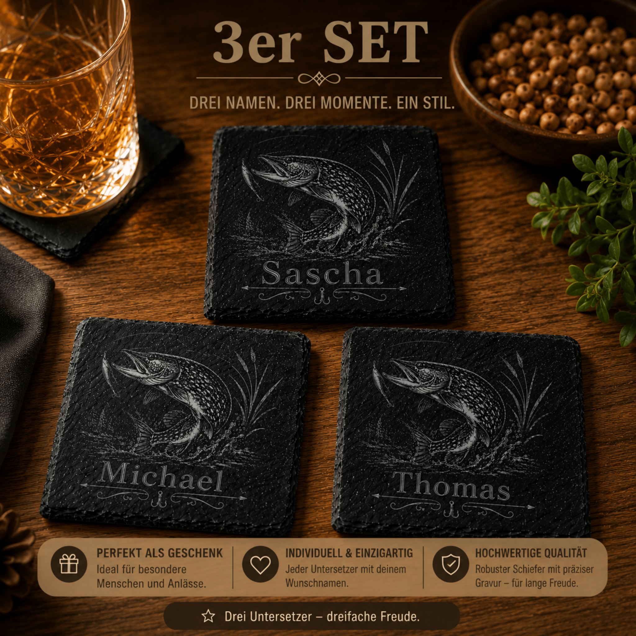 Personalisierter Hecht Schieferuntersetzer mit Name – Geschenk für Angler - Gravurliebe