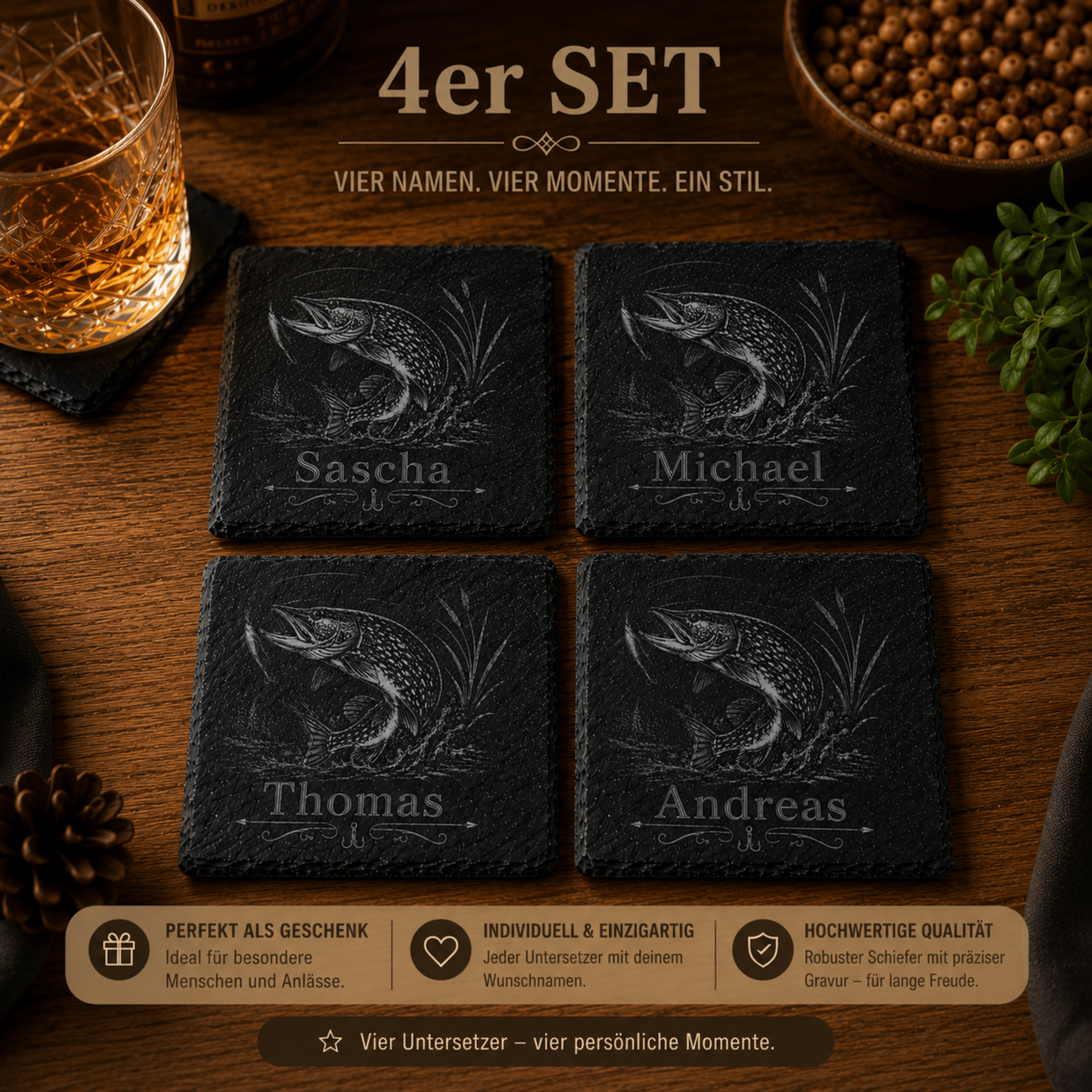 Personalisierter Hecht Schieferuntersetzer mit Name – Geschenk für Angler - Gravurliebe
