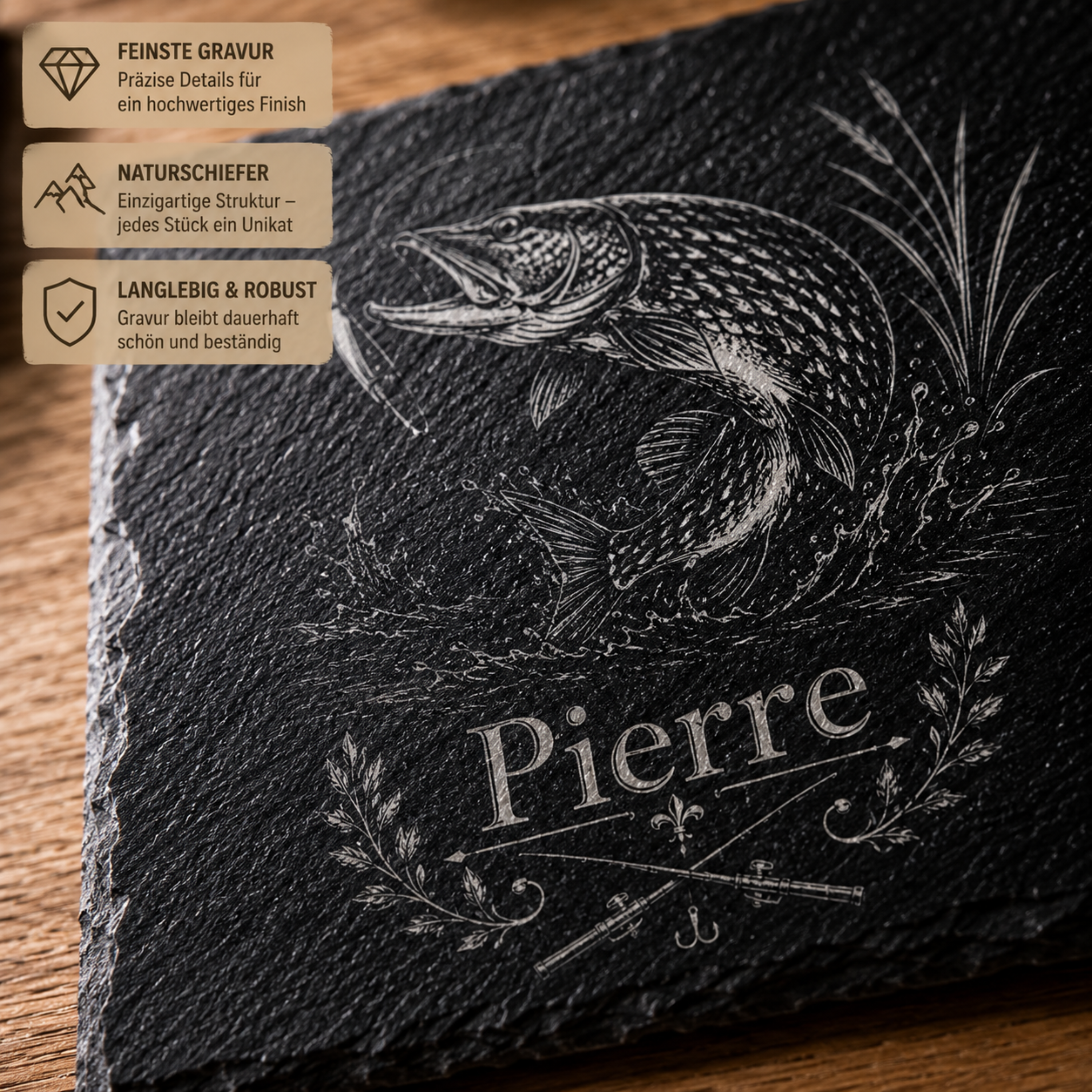 Personalisierter Karpfen Schieferuntersetzer mit Name – Geschenk für Angler, Fischer und Karpfenfans aus Naturschiefer mit hochwertiger Lasergravur