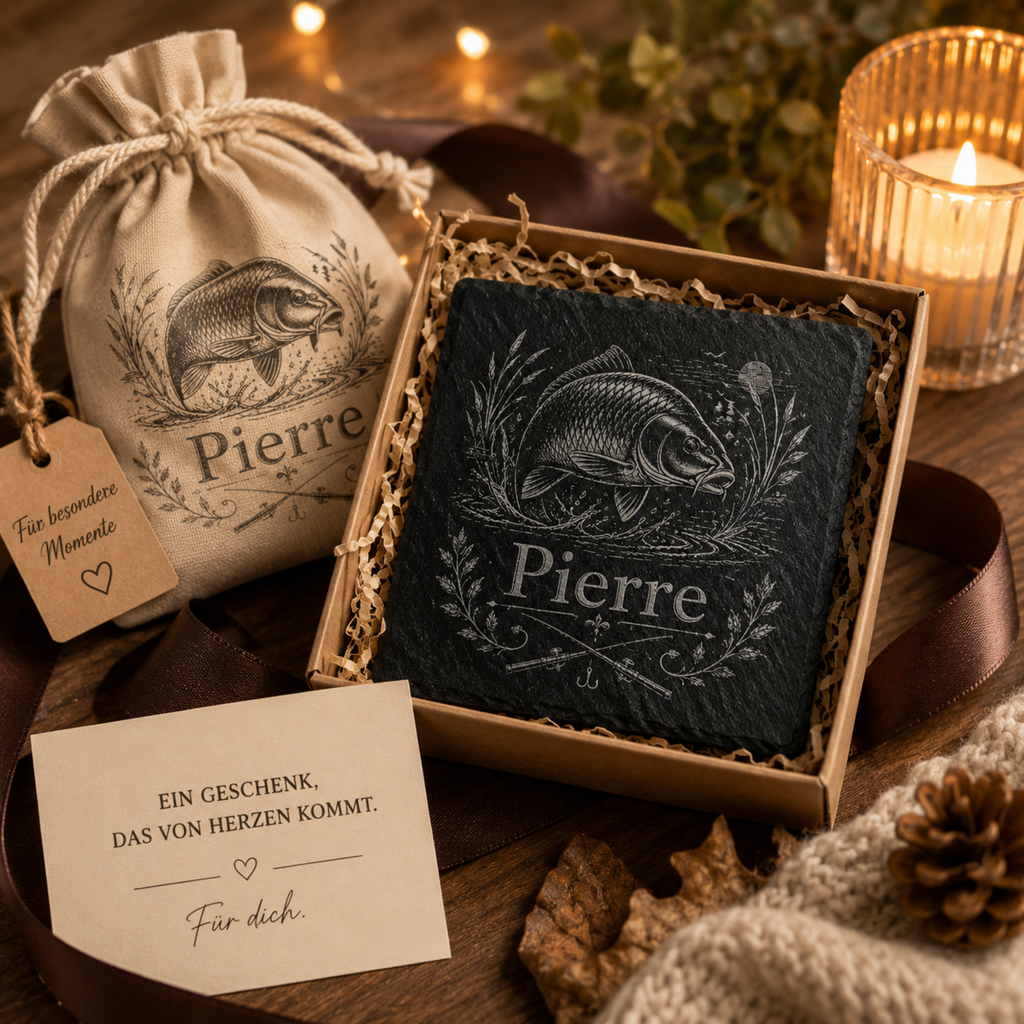 Personalisierter Karpfen Schieferuntersetzer mit Name – Geschenk für Angler, Fischer und Karpfenfans aus Naturschiefer mit hochwertiger Lasergravur