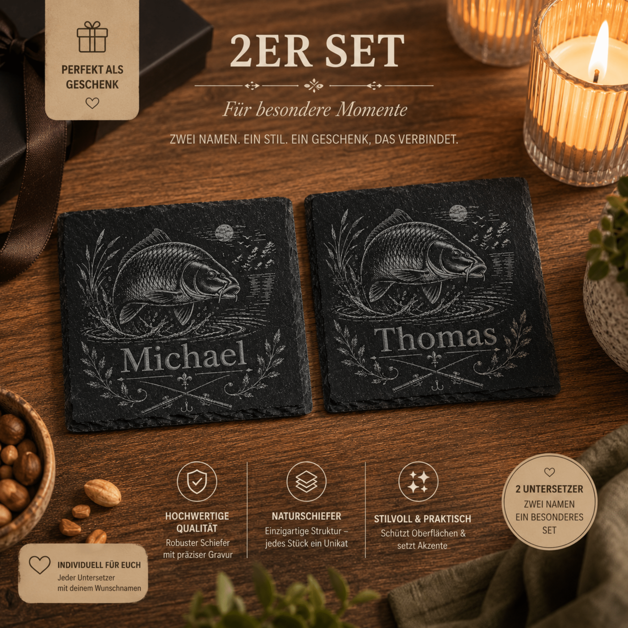 Personalisierter Karpfen Schieferuntersetzer mit Name – Geschenk für Angler - Gravurliebe