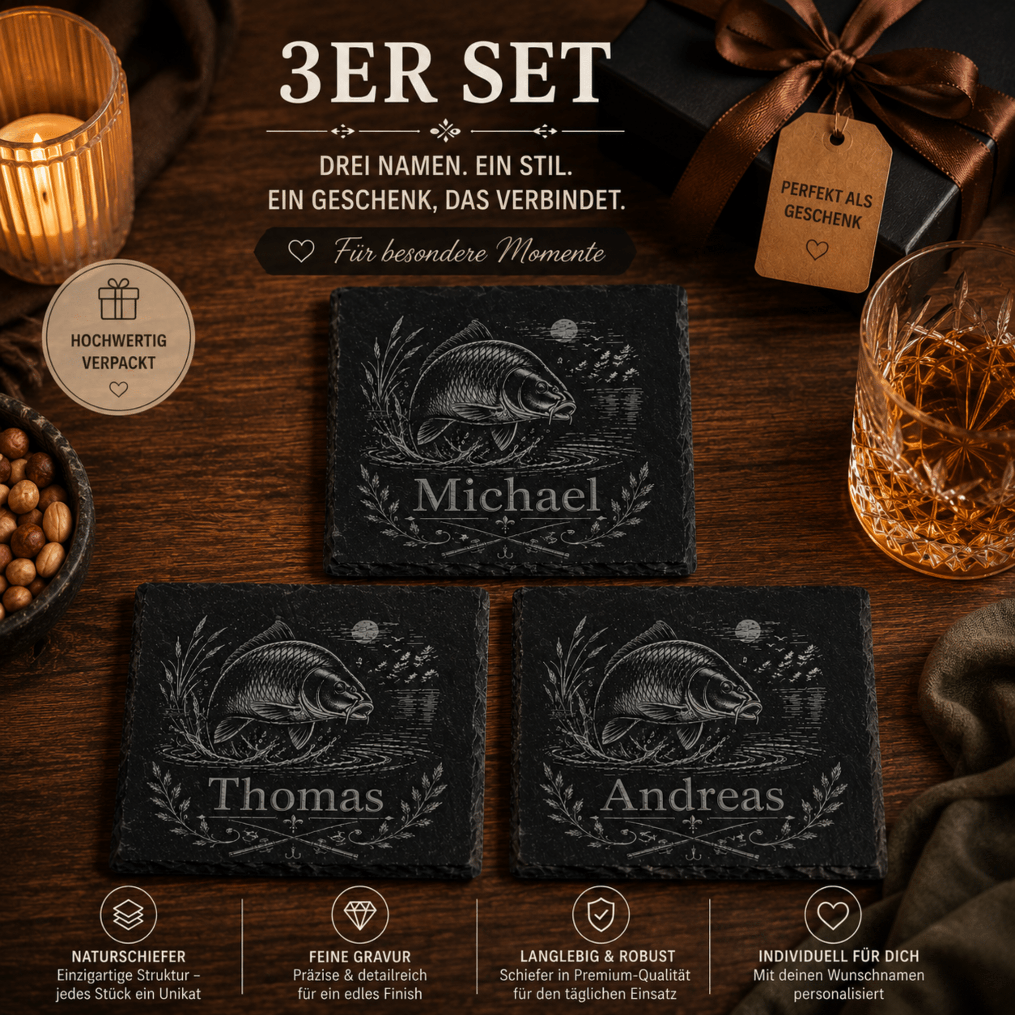 Personalisierter Karpfen Schieferuntersetzer mit Name – Geschenk für Angler - Gravurliebe