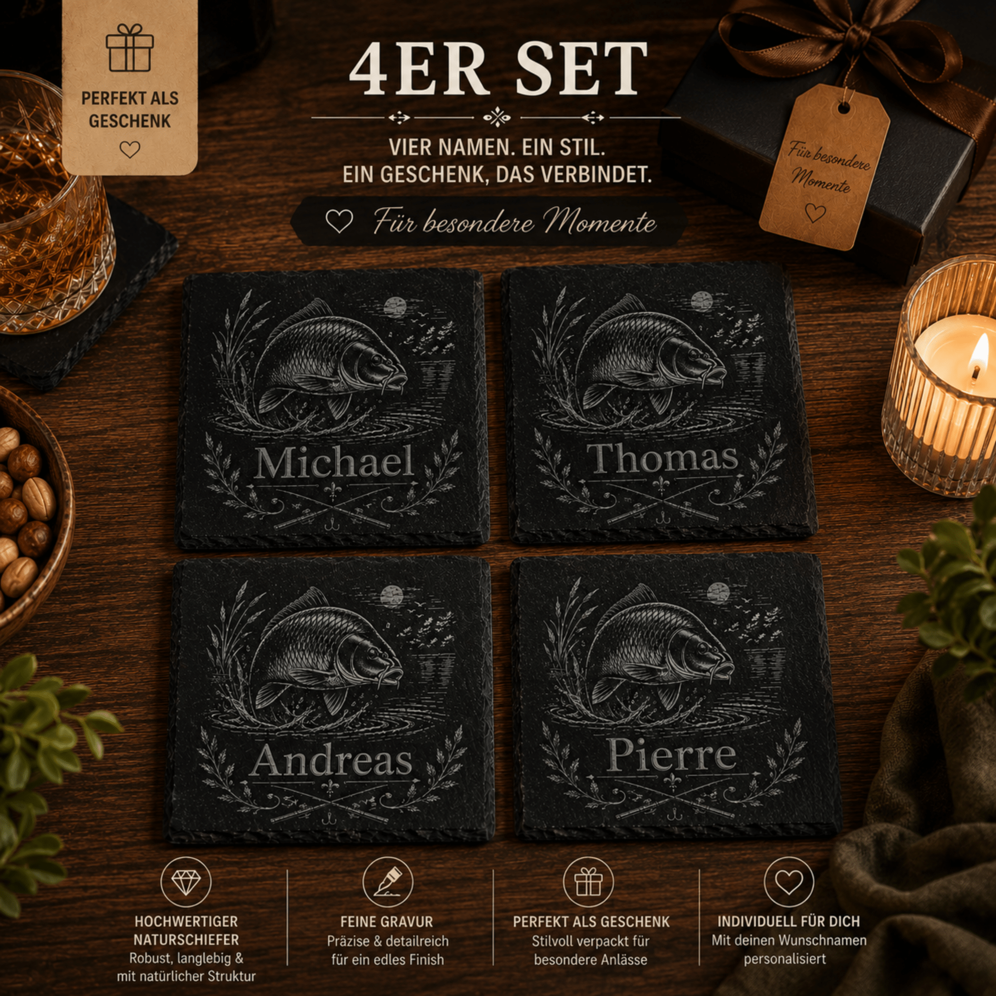 Personalisierter Karpfen Schieferuntersetzer mit Name – Geschenk für Angler - Gravurliebe