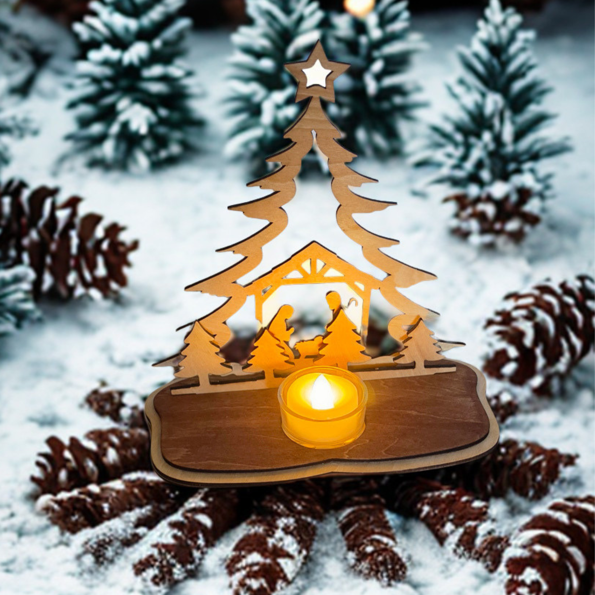 Weihnachtlicher Teelichthalter aus Birkenholz mit Krippenszene im Tannenbaum, inklusive Teelichtglas und LED-Teelicht.