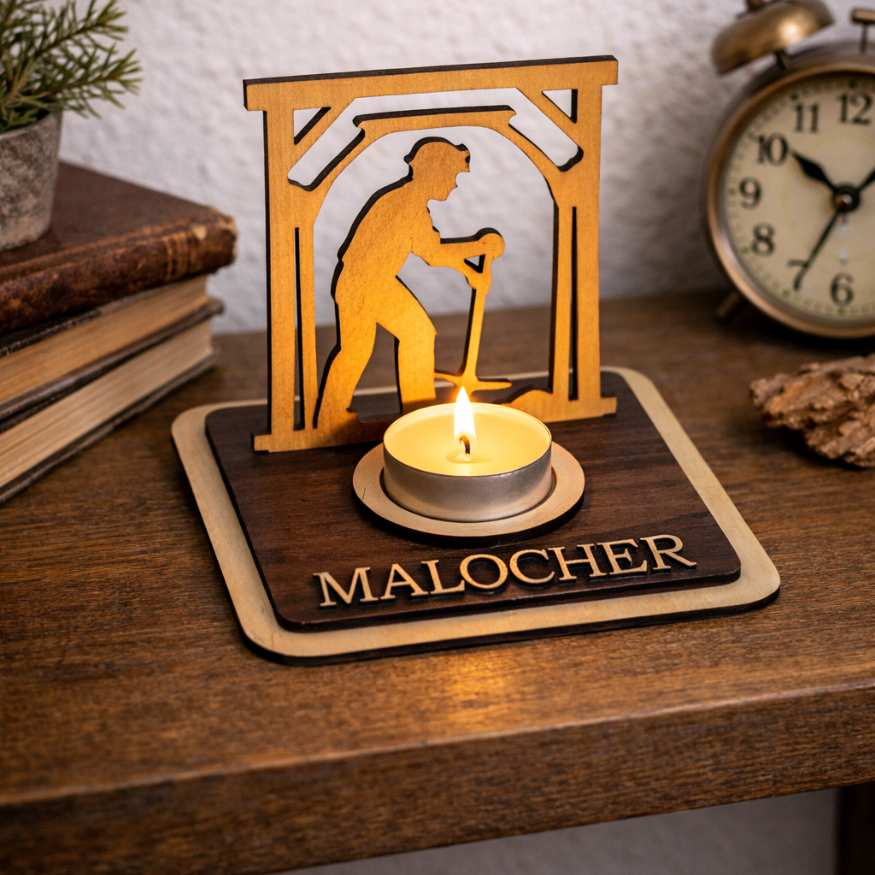 Personalisierte Bergmann Teelichthalter aus Holz – Ruhrgebiet Geschenk für Kumpel - Gravurliebe