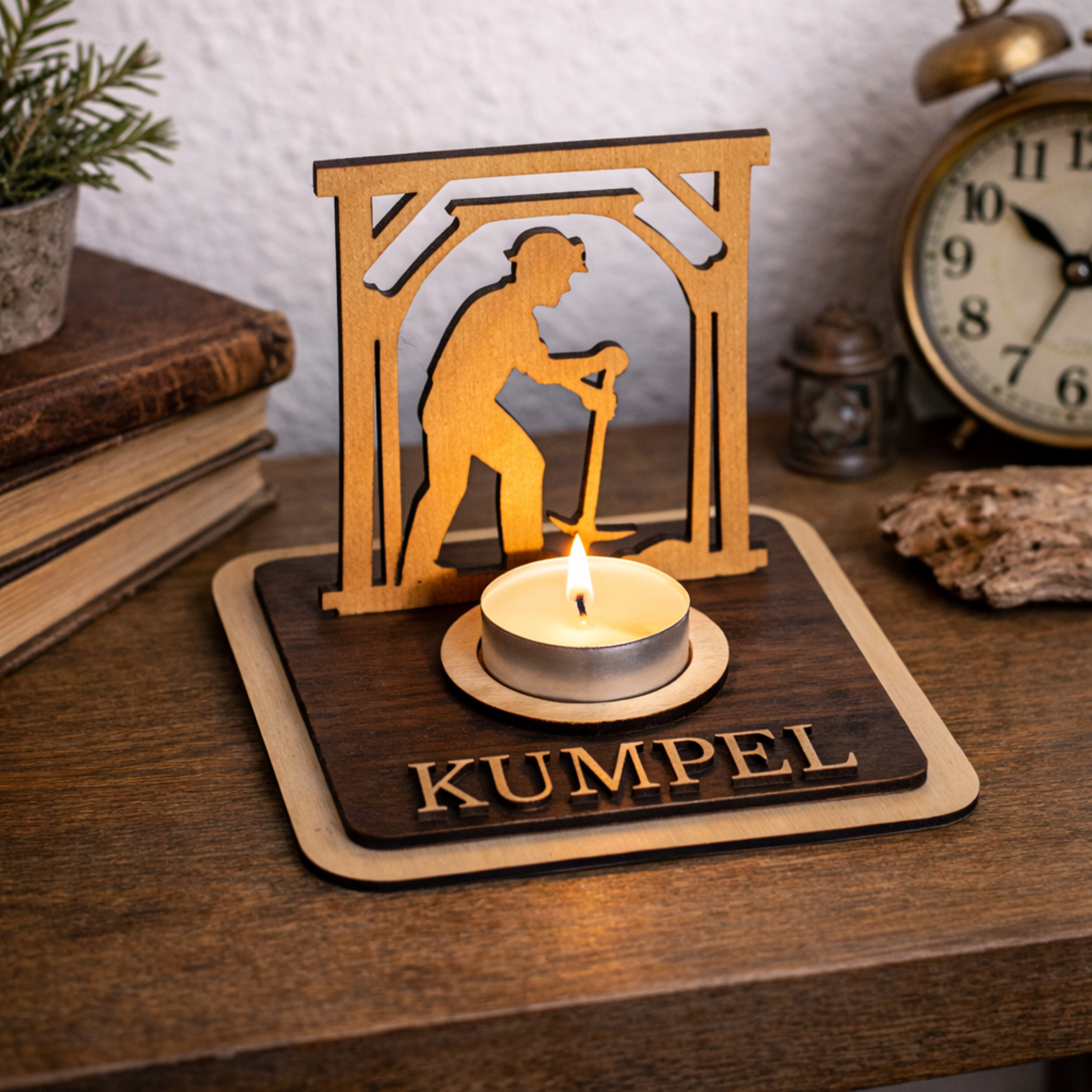 Personalisierte Bergmann Teelichthalter aus Holz – Ruhrgebiet Geschenk für Kumpel - Gravurliebe