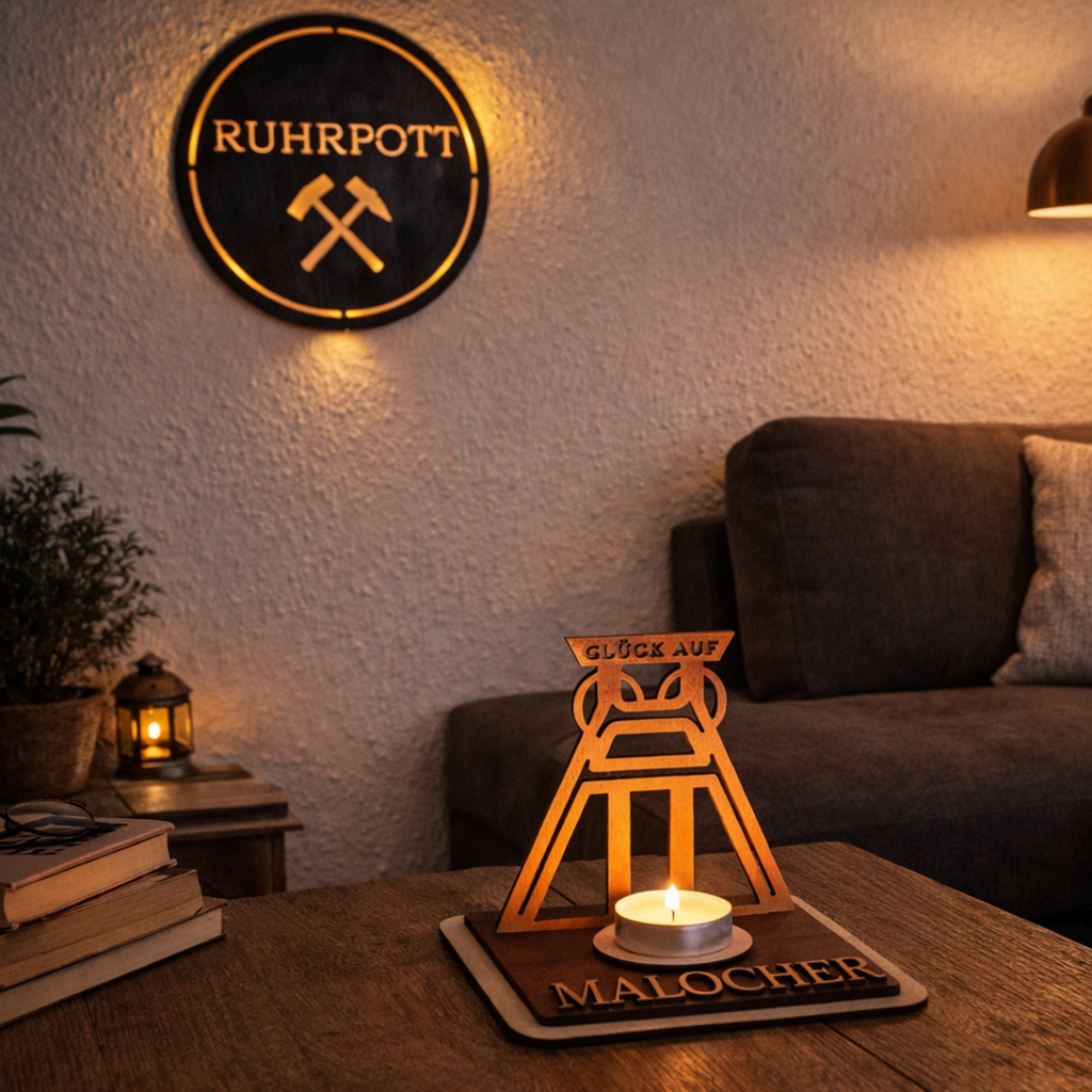 Teelichthalter Förderturm aus Holz – Ruhrpott Deko mit Name – Geschenk für Malocher & Bergbau-Fans