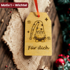 Geschenkanhänger aus Holz mit Wichtel Motiv und Schriftzug Für dich, Weihnachtsanhänger mit rotem Band