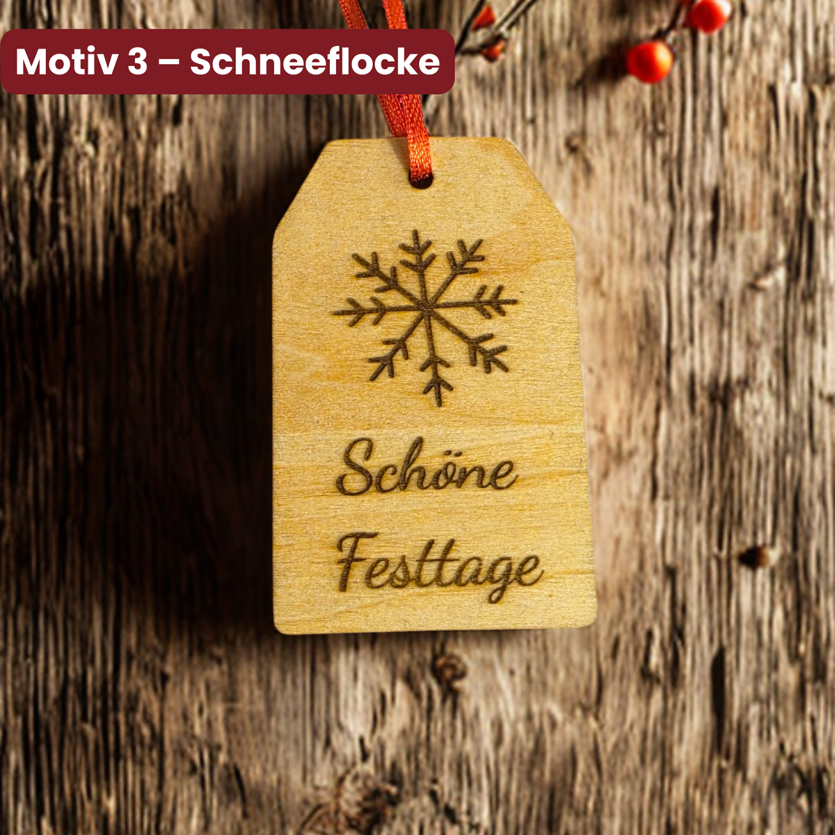 Holz Geschenkanhänger mit Schneeflocke und Schriftzug Schöne Festtage als Weihnachtsdekoration