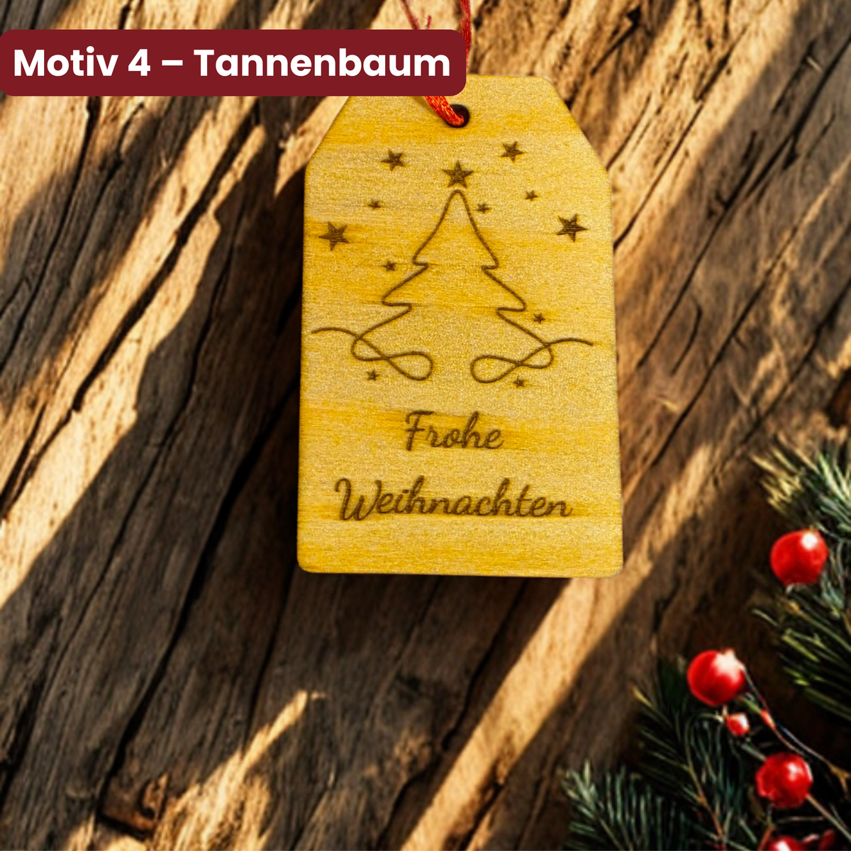 Weihnachtlicher Geschenkanhänger aus Holz mit Tannenbaum und Schriftzug Frohe Weihnachten