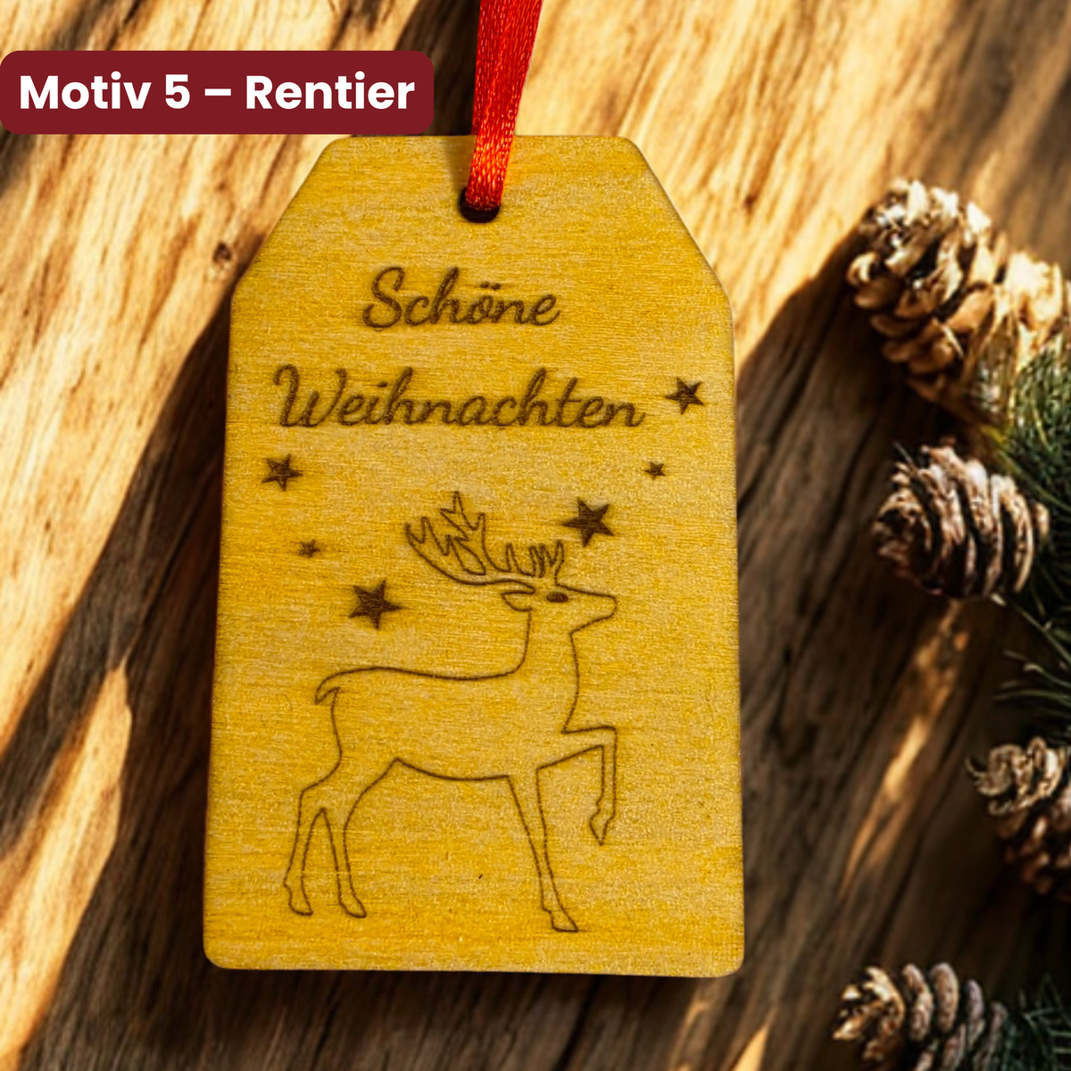 Geschenkanhänger Weihnachten aus Birkenholz mit Rentier Motiv und Schriftzug Schöne Weihnachten