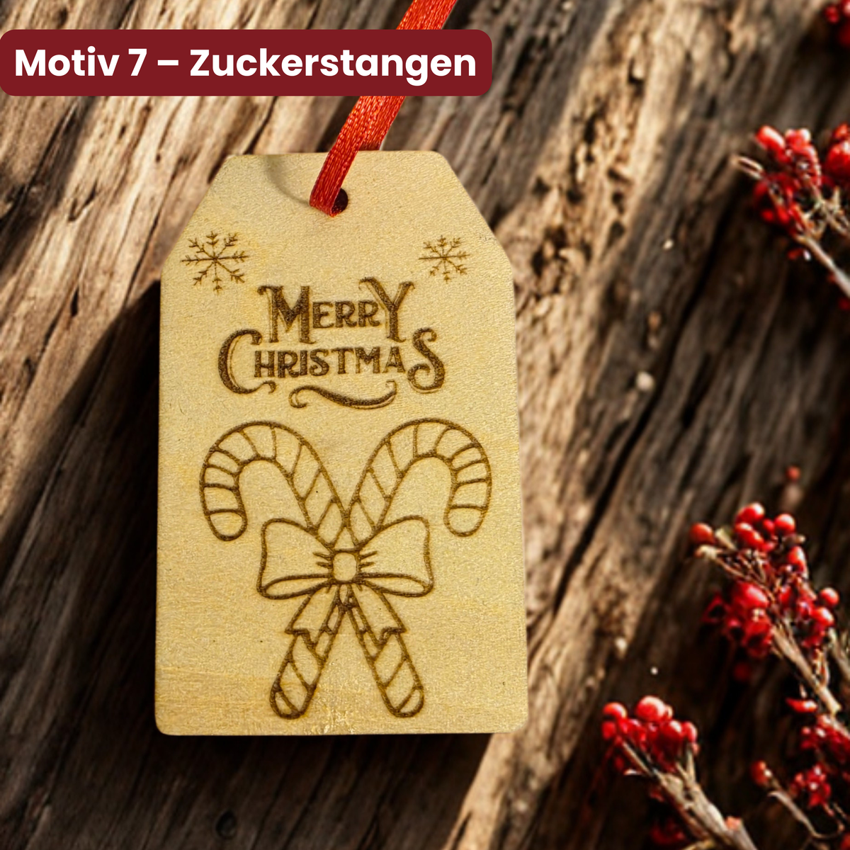 Weihnachtsanhänger aus Holz mit Zuckerstangen und Merry Christmas Gravur für Weihnachtsgeschenke