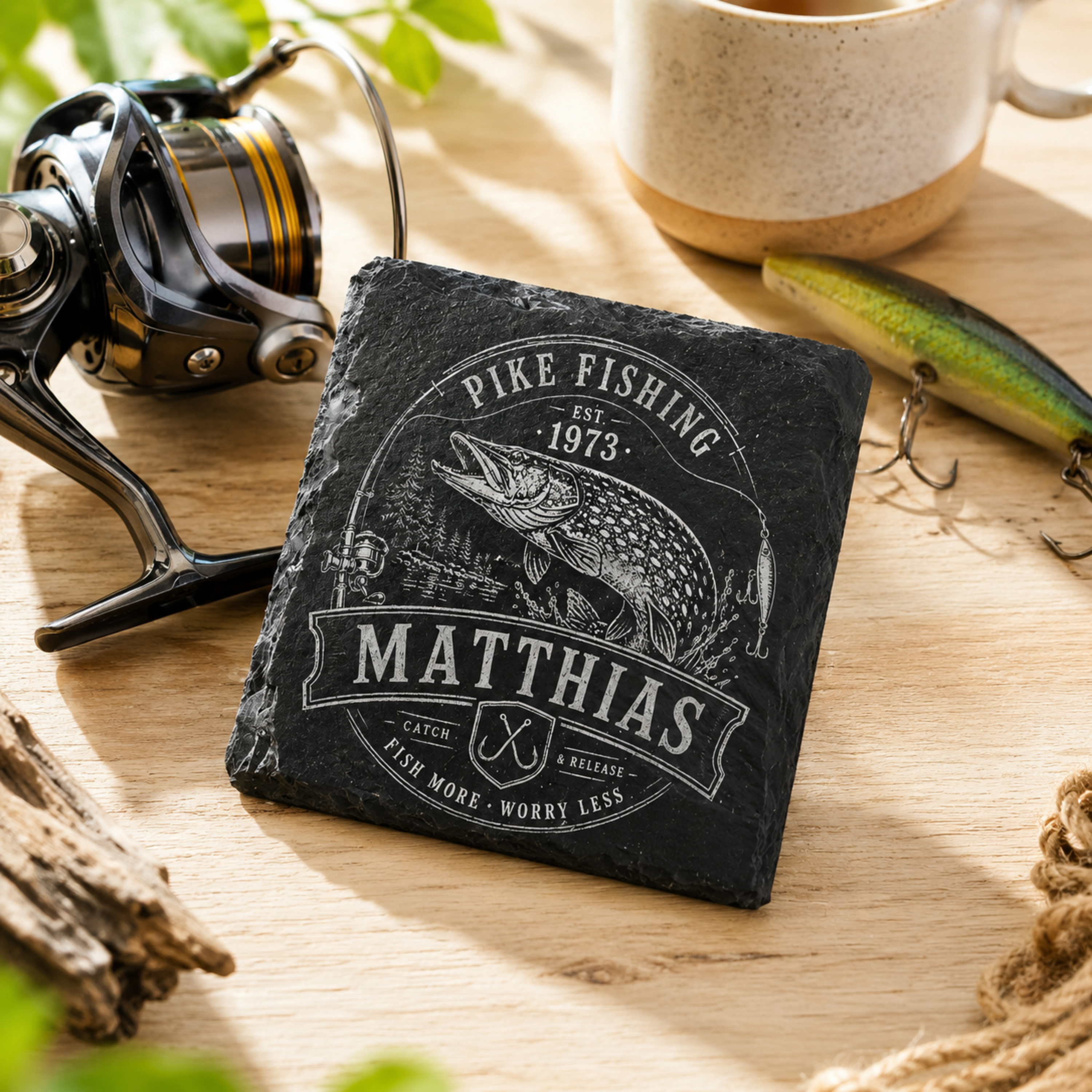 Hecht Geschenk personalisiert mit Name und Jahr auf hochwertigem Schieferuntersetzer für Angler