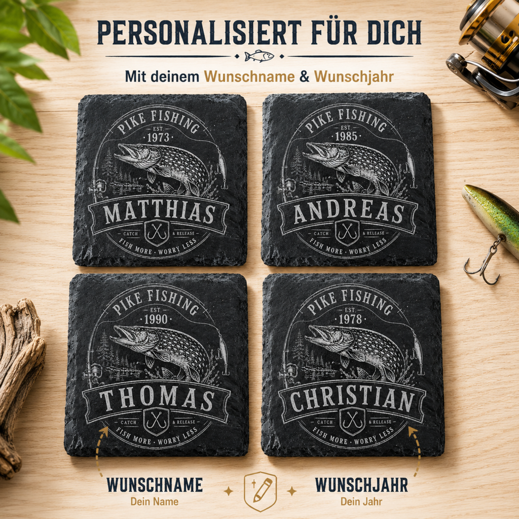 Hecht Geschenk personalisiert mit Name und Jahr auf hochwertigem Schieferuntersetzer für Angler