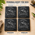 Hecht Geschenk personalisiert mit Name und Jahr auf hochwertigem Schieferuntersetzer für Angler