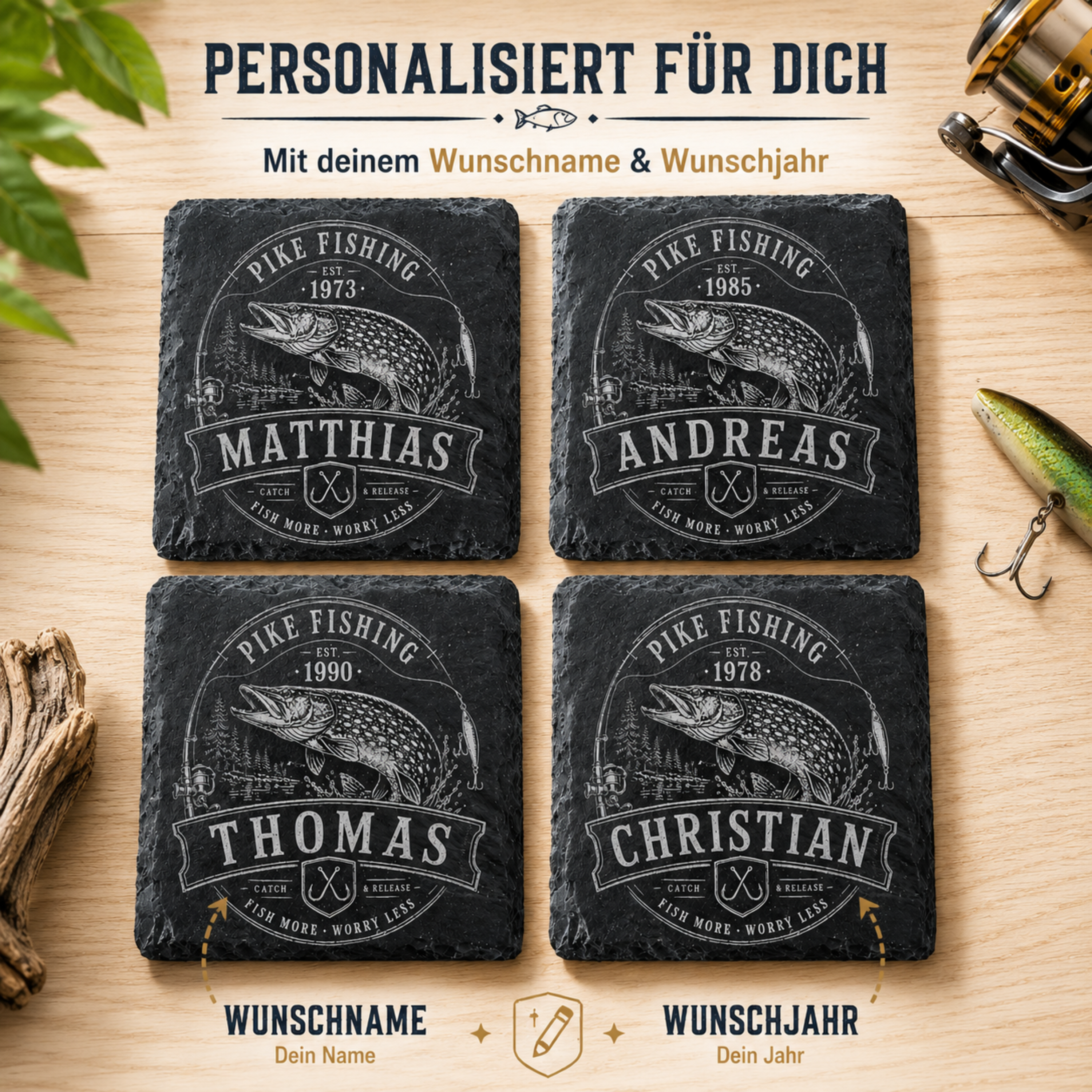 Hecht Geschenk personalisiert mit Name und Jahr auf hochwertigem Schieferuntersetzer für Angler