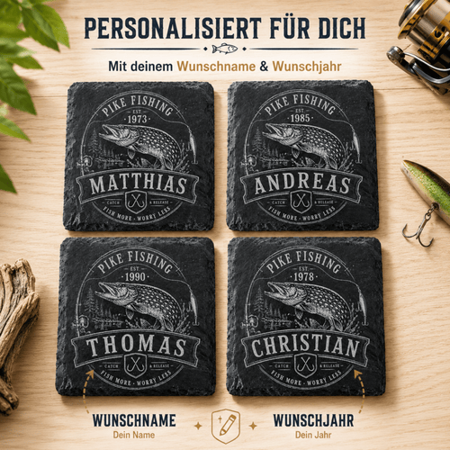 Hecht Geschenk personalisiert mit Name & Jahr – Schieferuntersetzer für Angler - Gravurliebe