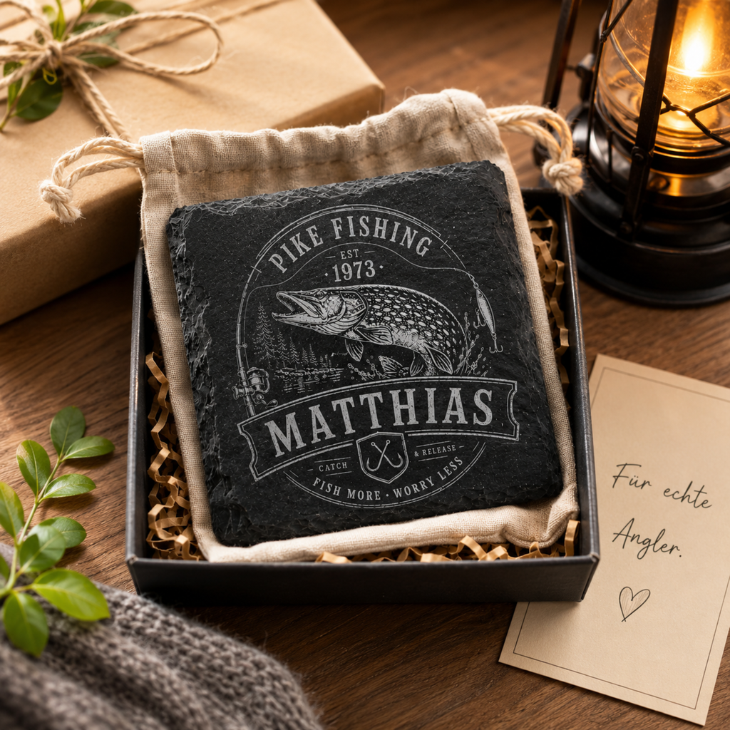Hecht Geschenk personalisiert mit Name und Jahr auf hochwertigem Schieferuntersetzer für Angler