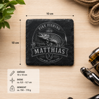 Hecht Geschenk personalisiert mit Name und Jahr auf hochwertigem Schieferuntersetzer für Angler