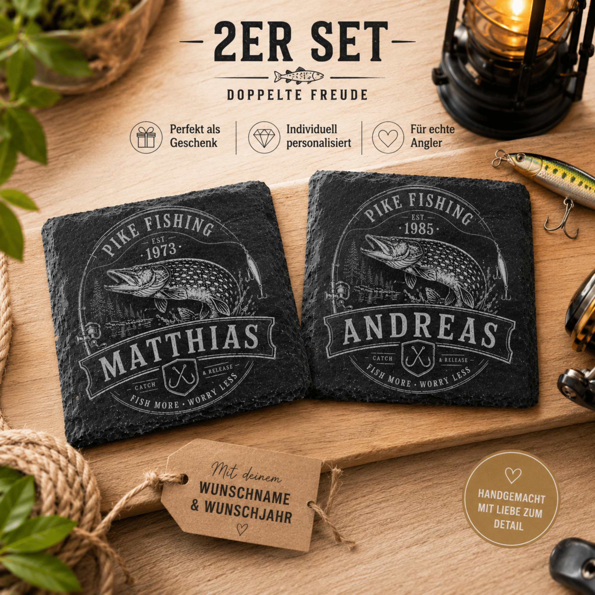 Hecht Geschenk personalisiert mit Name & Jahr – Schieferuntersetzer für Angler - Gravurliebe