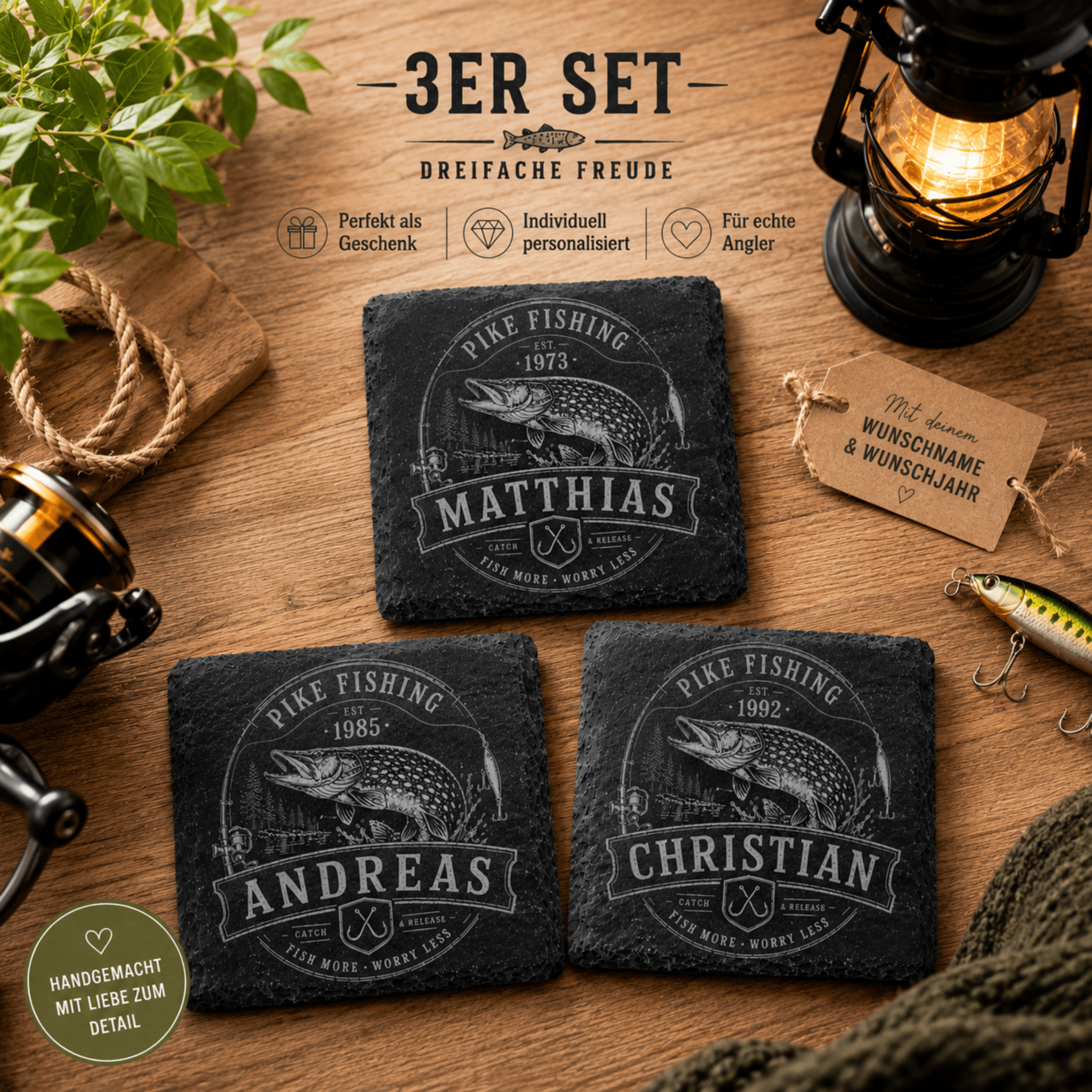 Hecht Geschenk personalisiert mit Name & Jahr – Schieferuntersetzer für Angler - Gravurliebe