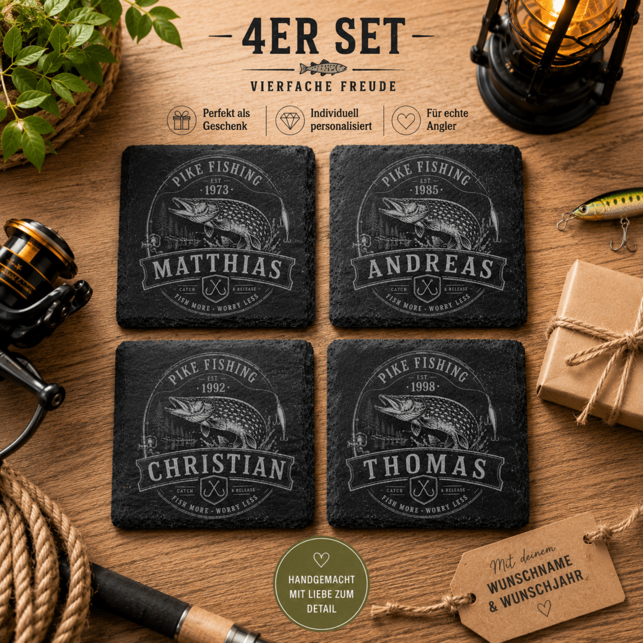 Hecht Geschenk personalisiert mit Name & Jahr – Schieferuntersetzer für Angler - Gravurliebe
