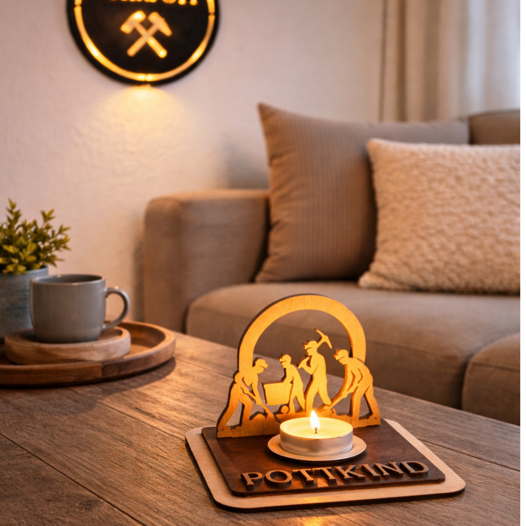 Teelichthalter Bergleute aus Holz – Ruhrpott Deko mit Name – Geschenk für Malocher & Bergbau-Fans