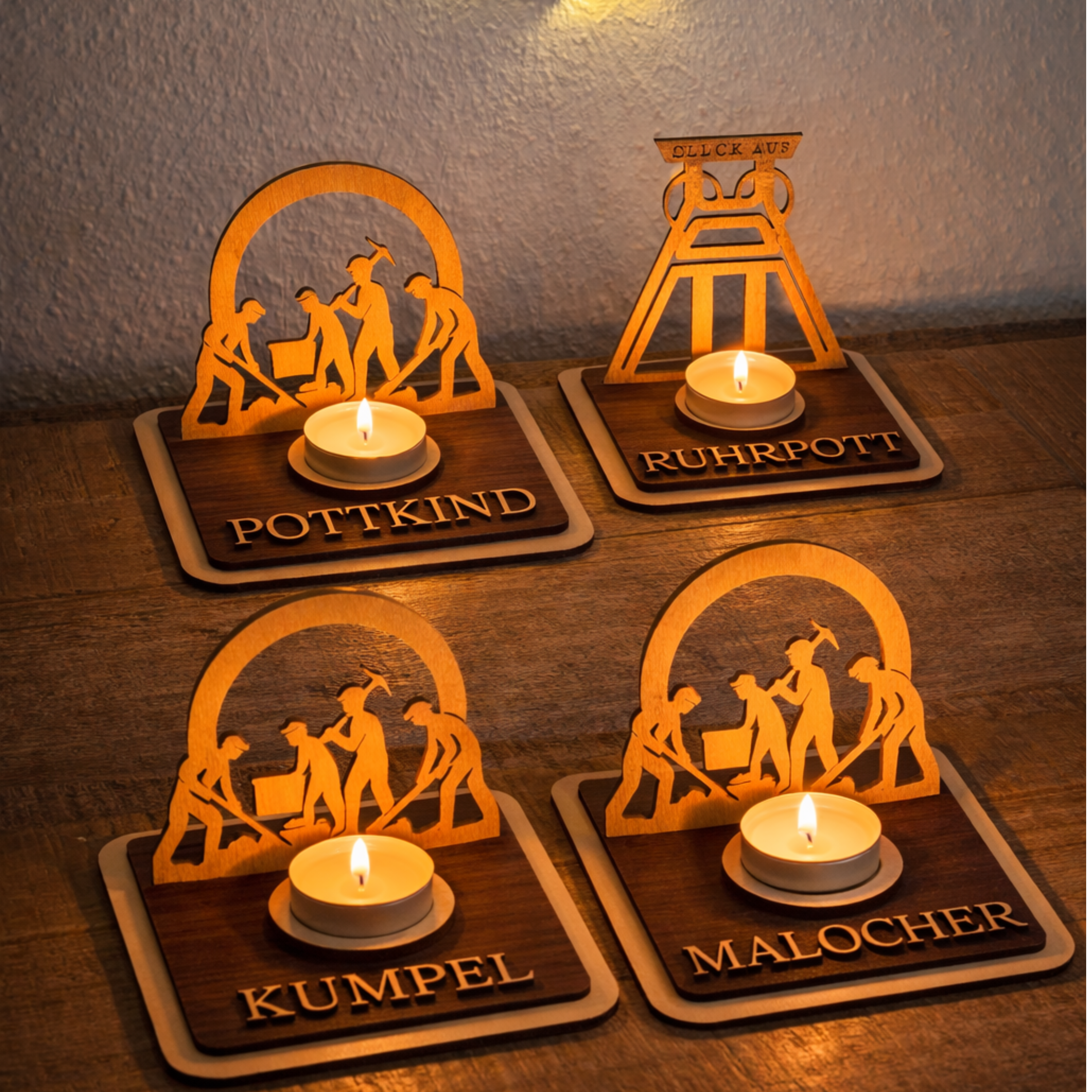 Teelichthalter Bergleute aus Holz – Ruhrpott Deko mit Name – Geschenk für Malocher & Bergbau-Fans