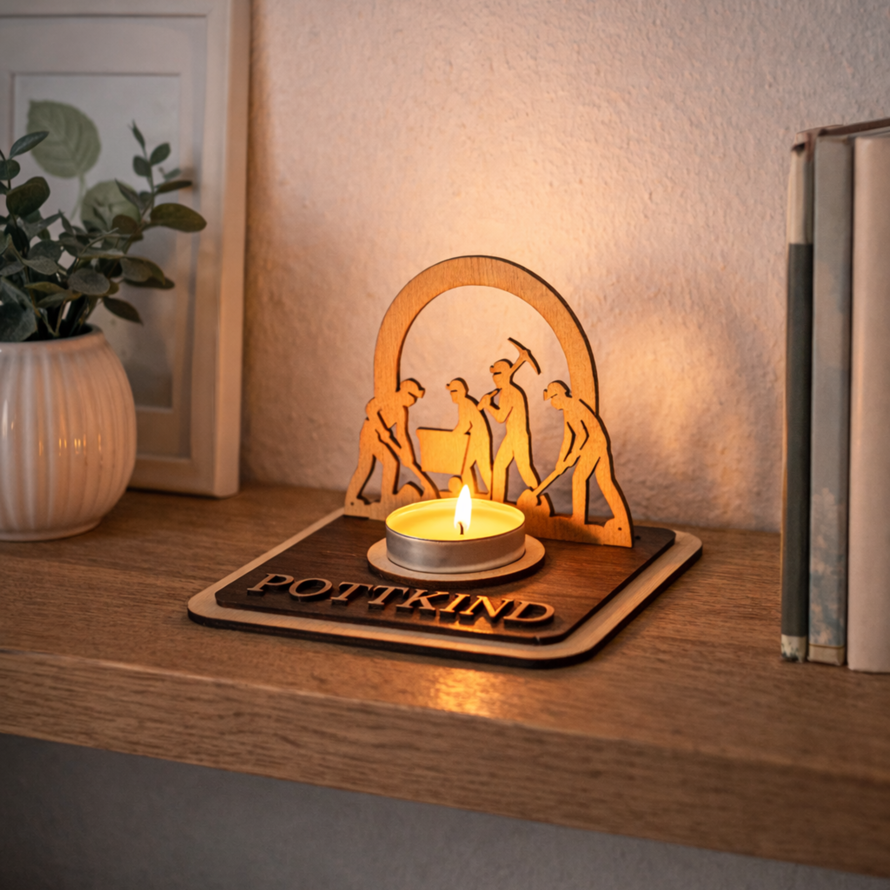 Teelichthalter Bergleute aus Holz – Ruhrpott Deko mit Name – Geschenk für Malocher & Bergbau-Fans