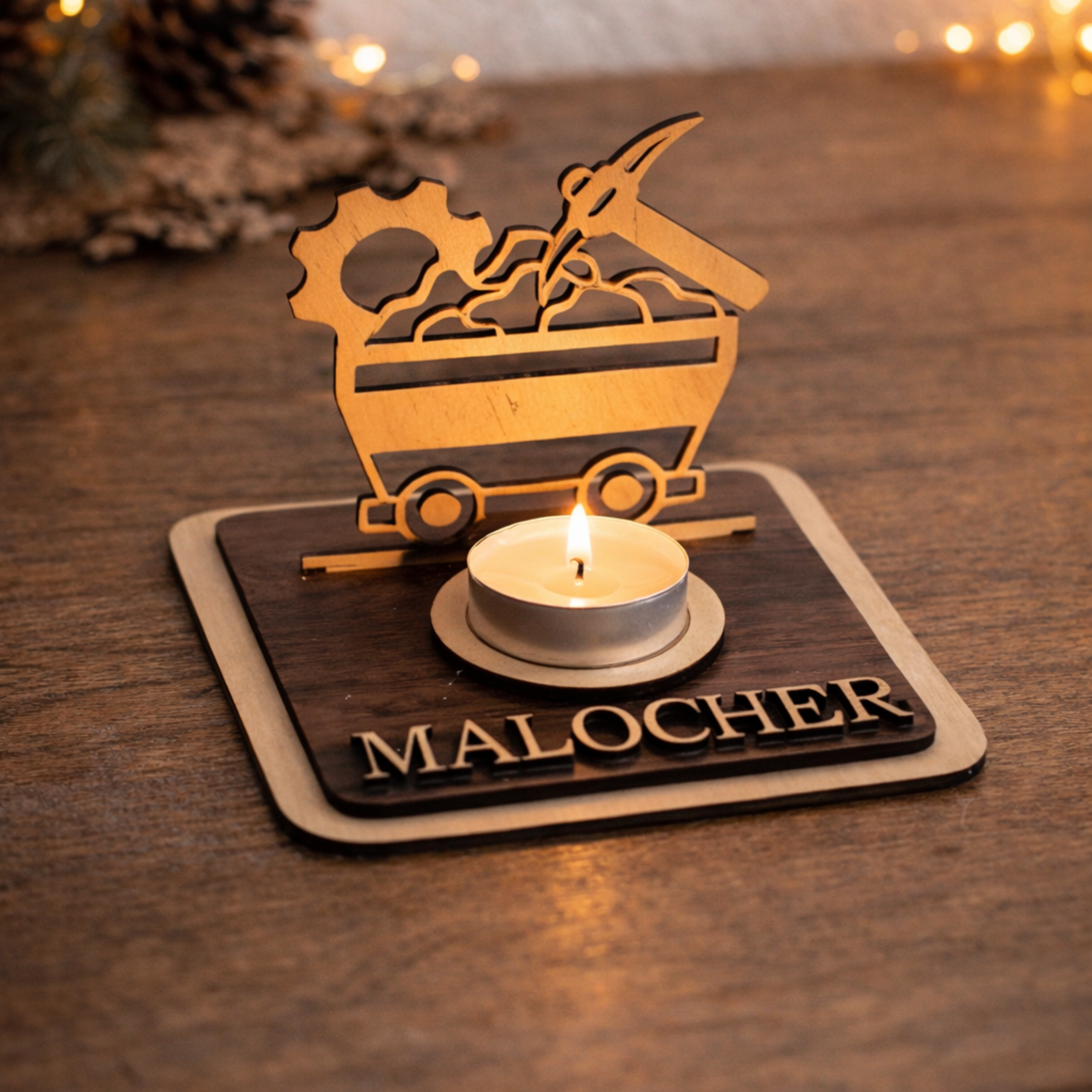 Personalisierter Teelichthalter Bergbau Lore aus Holz – Ruhrpott Geschenk für Kumpel & Malocher - Gravurliebe