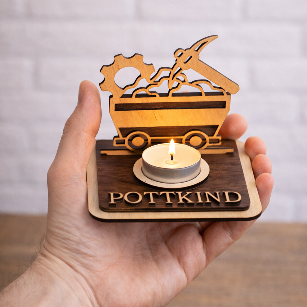Personalisierter Teelichthalter Bergbau Lore aus Holz – Ruhrpott Geschenk für Kumpel & Malocher - Gravurliebe