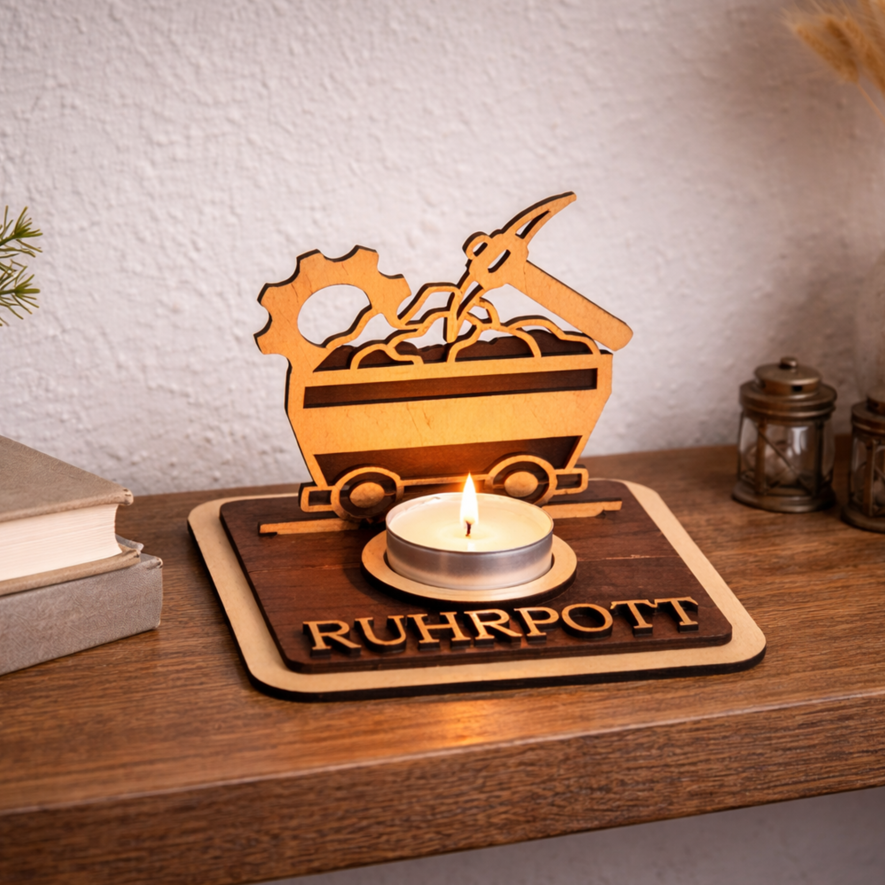 Personalisierter Teelichthalter Bergbau Lore aus Holz – Ruhrpott Geschenk für Kumpel & Malocher - Gravurliebe
