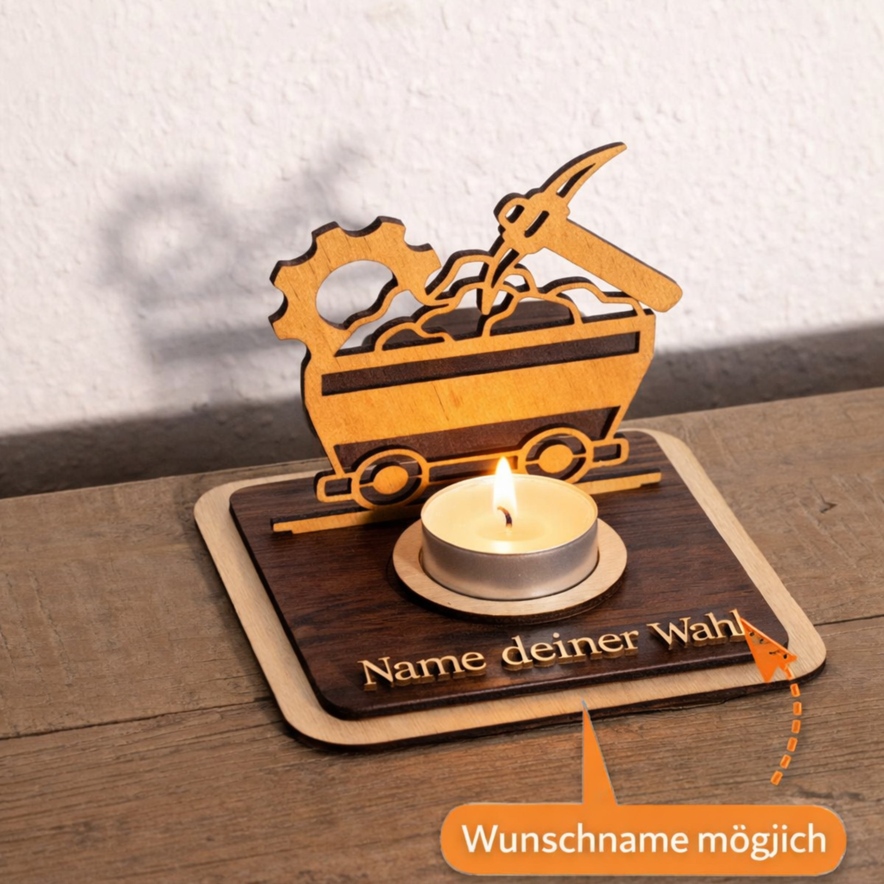 Personalisierter Teelichthalter Bergbau Lore aus Holz – Ruhrpott Geschenk für Kumpel & Malocher - Gravurliebe