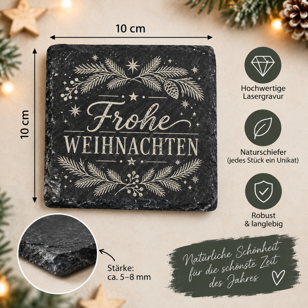 Maßgrafik eines Weihnachts-Untersetzers aus Naturschiefer, ca. 10 x 10 cm und 5 bis 8 mm stark, mit hochwertiger Lasergravur.