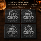 Personalisierte Whisky Untersetzer aus Schiefer mit verschiedenen Jahreszahlen im Vintage Design