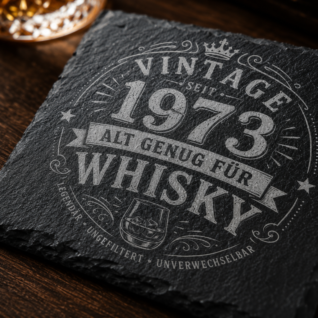 Personalisierte Whisky Untersetzer aus Schiefer mit verschiedenen Jahreszahlen im Vintage Design