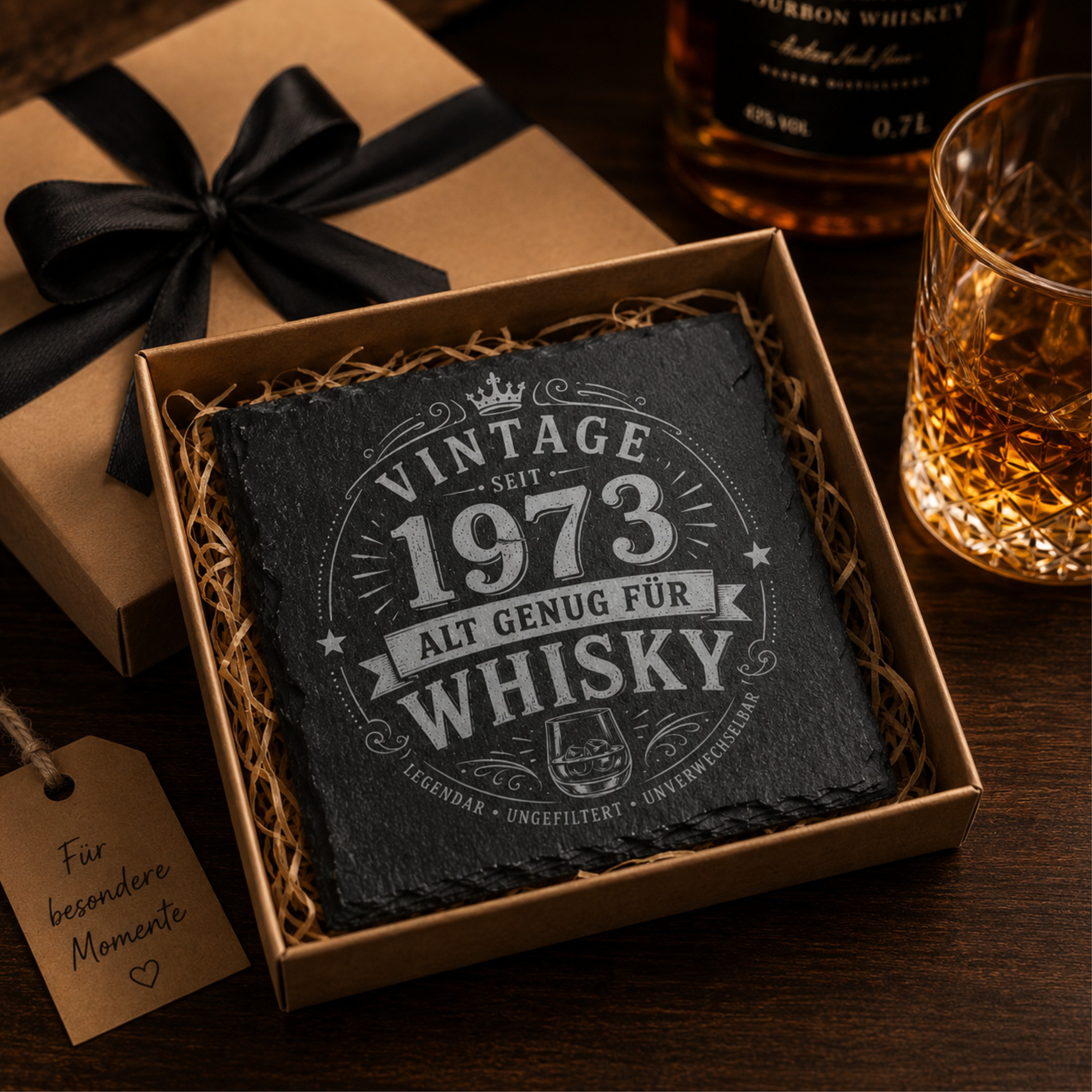 Personalisierte Whisky Untersetzer aus Schiefer mit verschiedenen Jahreszahlen im Vintage Design