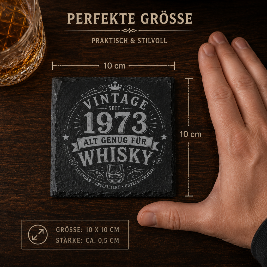 Personalisierte Whisky Untersetzer aus Schiefer mit verschiedenen Jahreszahlen im Vintage Design