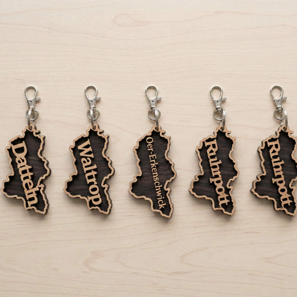 Personalisierter Ruhrpott Schlüsselanhänger mit Wunsch-Stadt – Holz Geschenk & 3er/5er Set