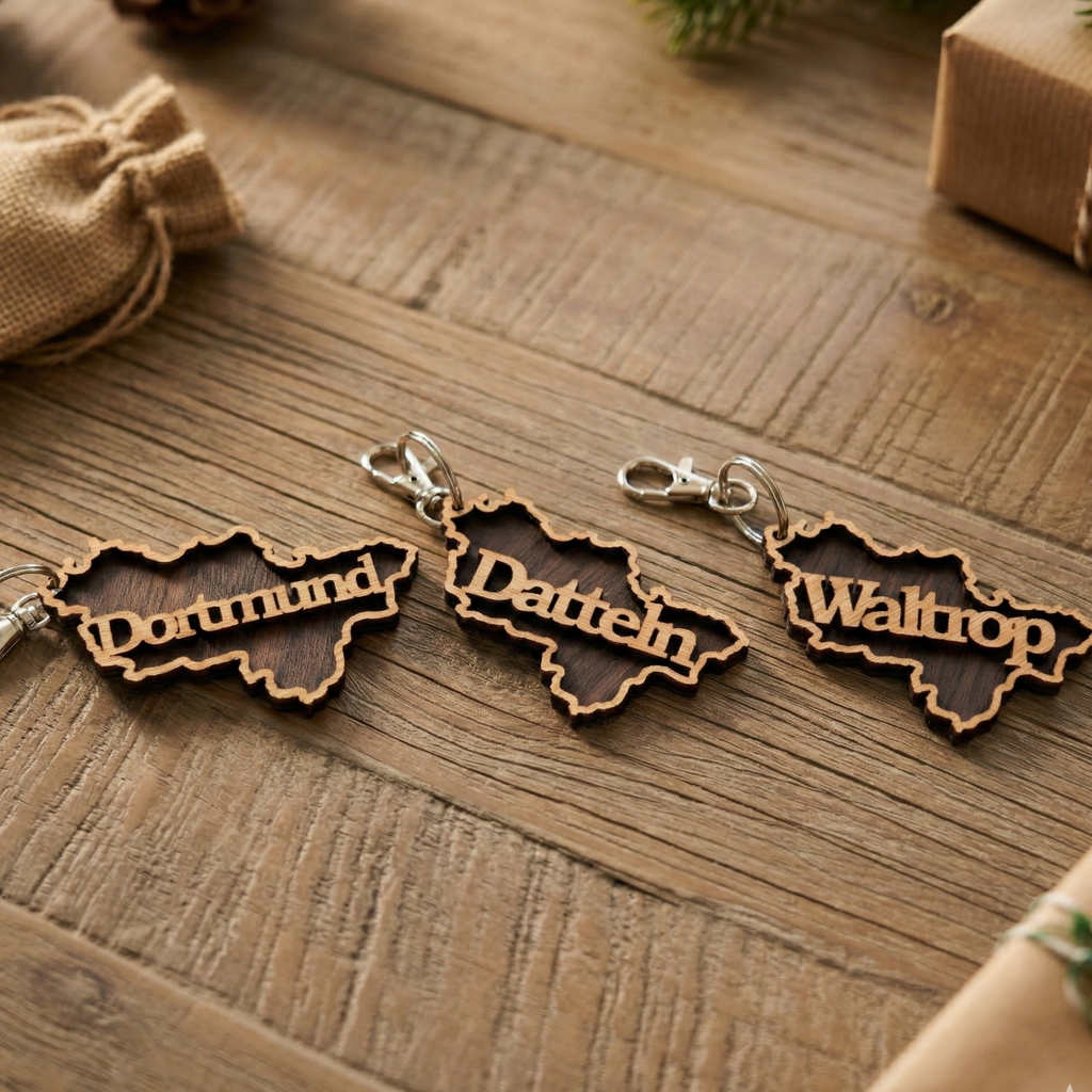 Personalisierter Ruhrpott Schlüsselanhänger mit Wunsch-Stadt – Holz Geschenk & 3er/5er Set
