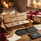 Personalisierte Schnapsbank aus Holz mit Gravur und Schnapsgläsern als Vatertagsgeschenk