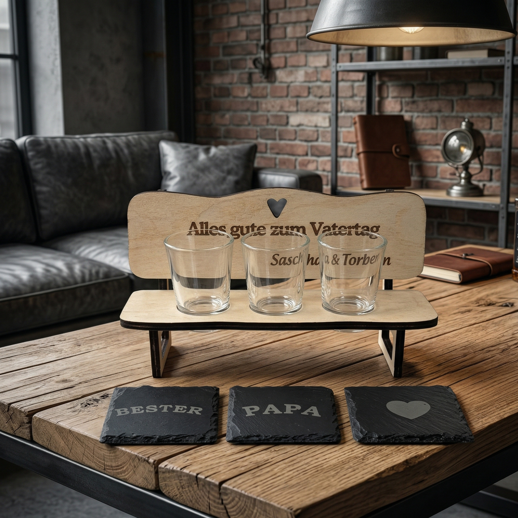 Personalisierte Schnapsbank aus Holz mit Gravur und Schnapsgläsern als Vatertagsgeschenk