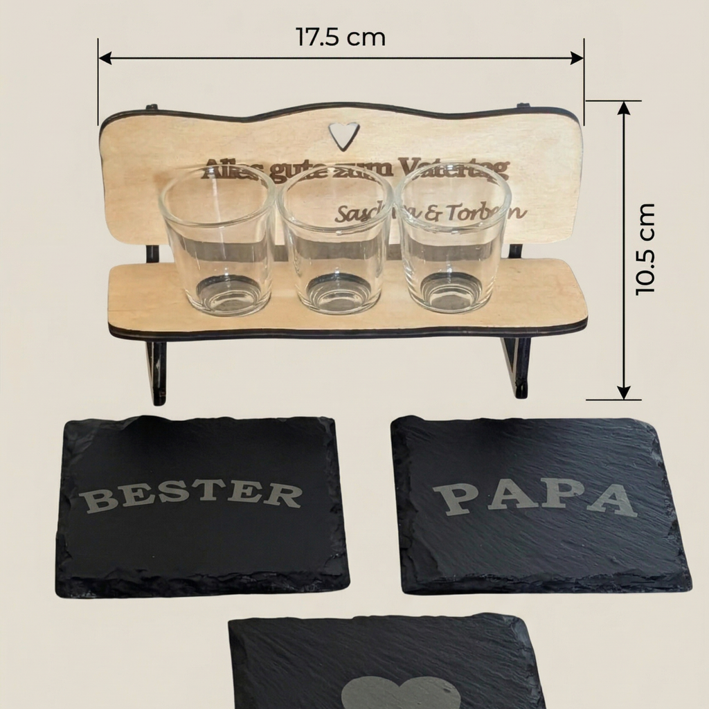 Personalisierte Schnapsbank aus Holz mit Gravur und Schnapsgläsern als Vatertagsgeschenk