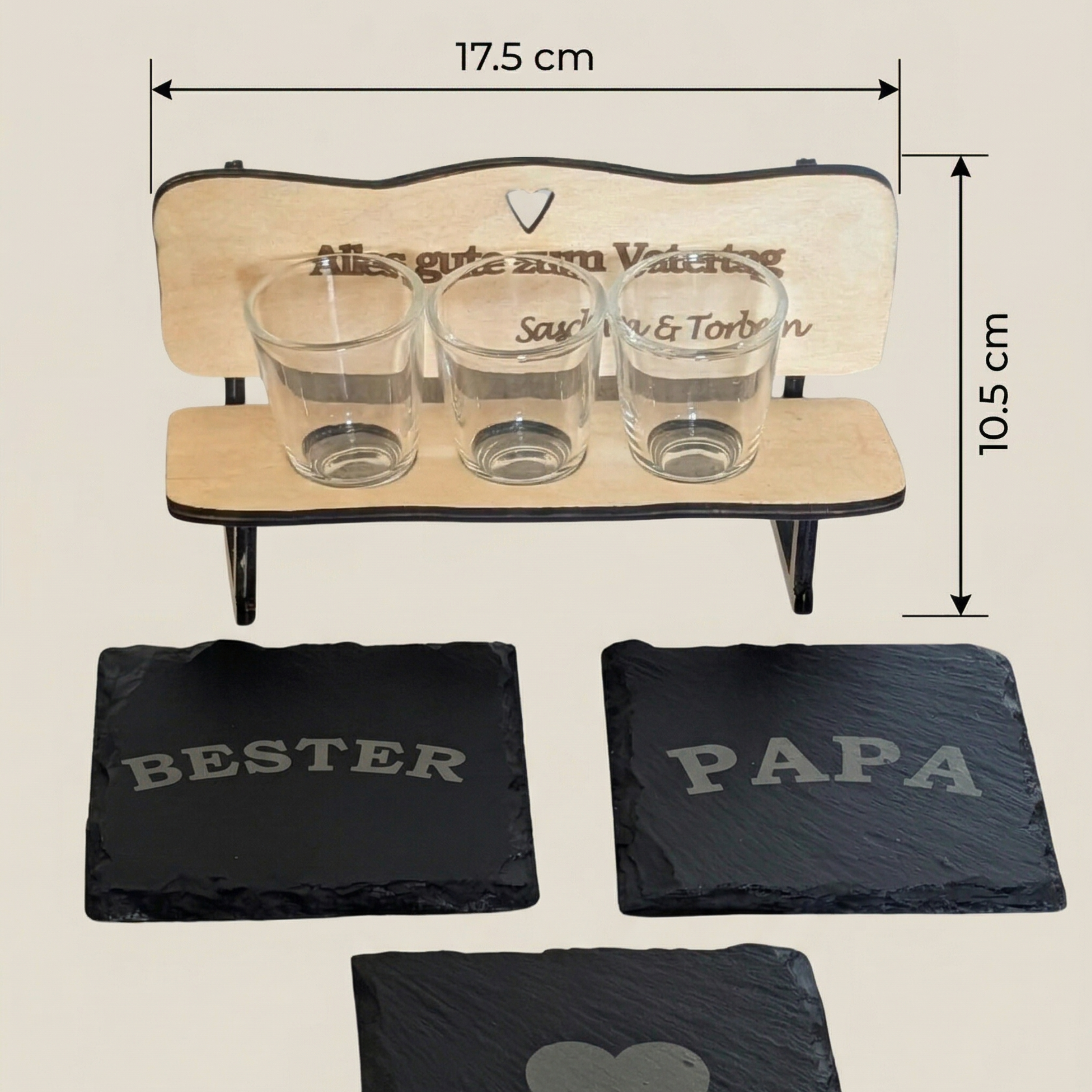 Personalisierte Schnapsbank aus Holz mit Gravur und Schnapsgläsern als Vatertagsgeschenk