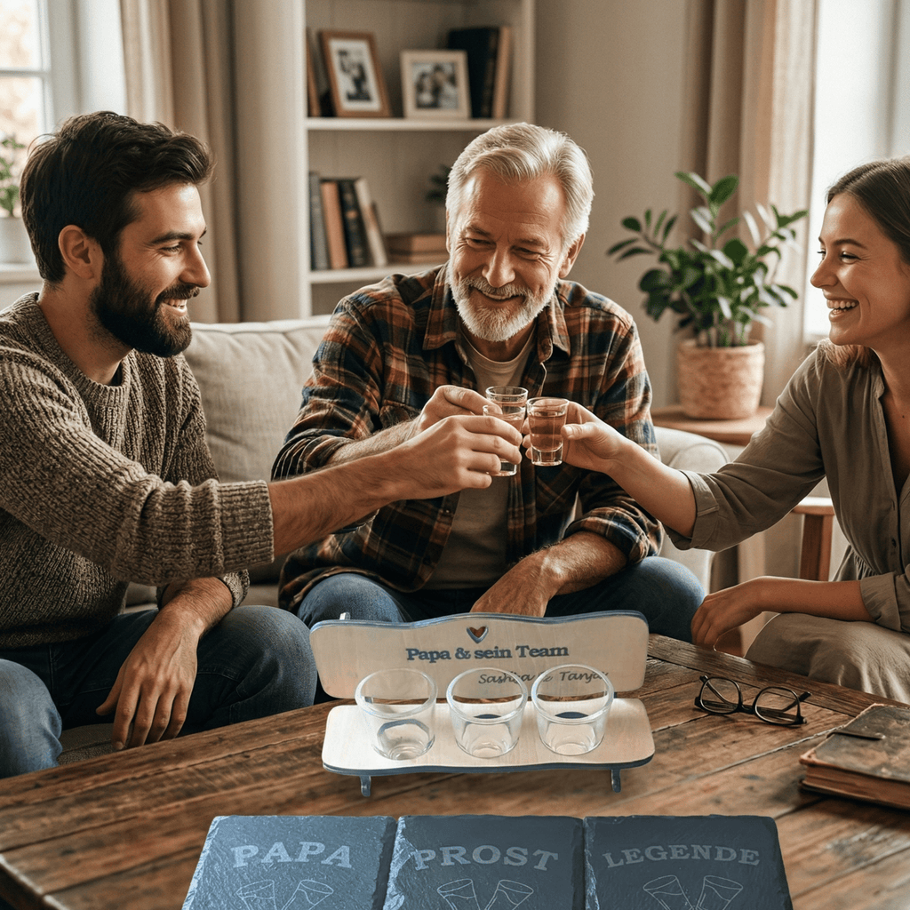Schnapsbank „Papa & sein Team“ – personalisiertes Männer Geschenk mit 3 Gläsern & Untersetzern - Gravurliebe